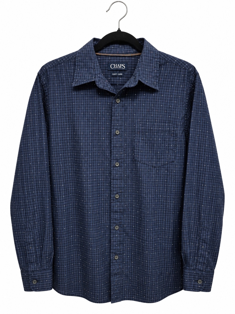 Chaps Men’s Navy Plaid Dot Easy Care Button Down Shirt L